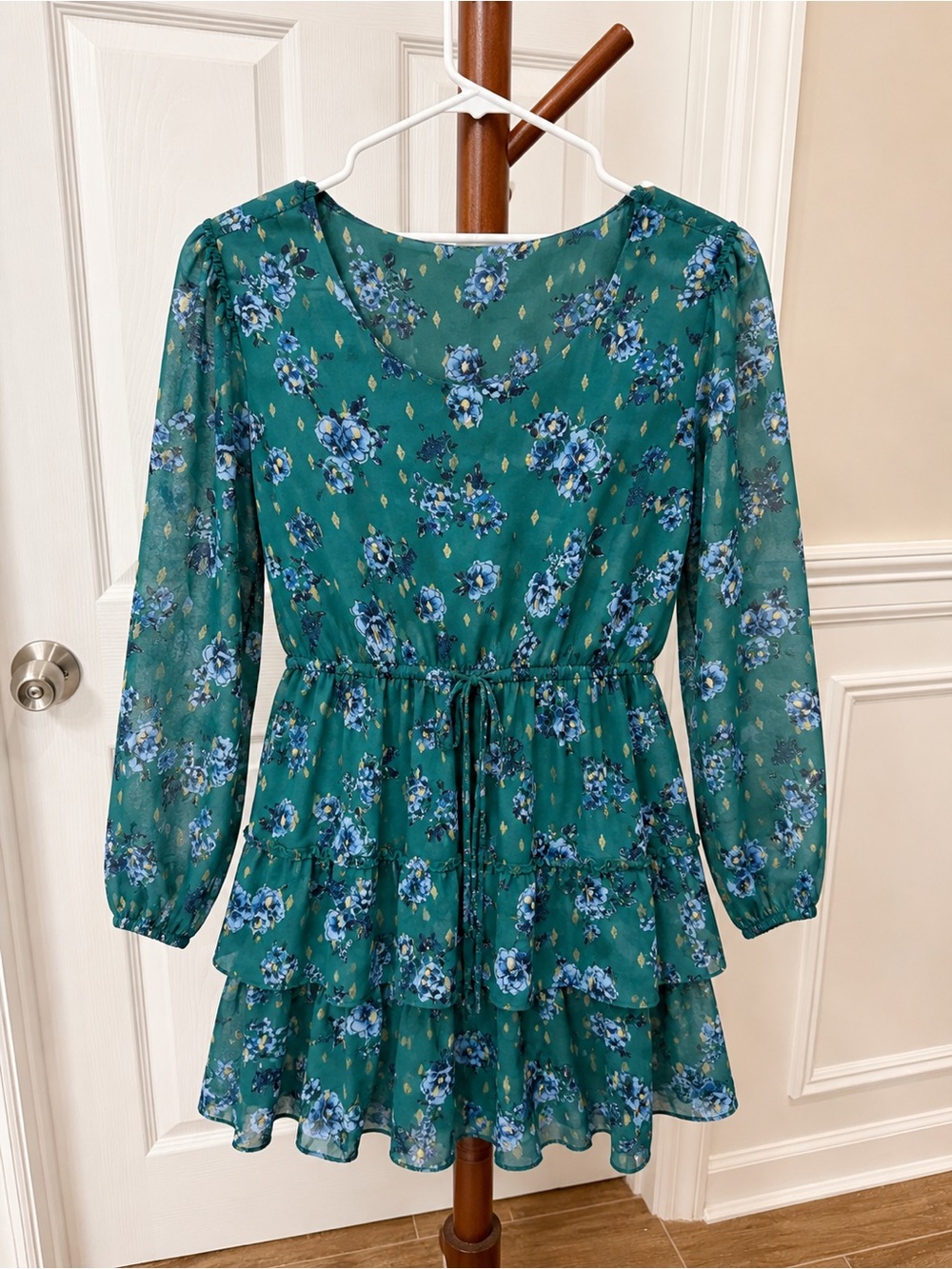 City Studio Teal Floral Tiered Chiffon Summer Dress with Blue Flowers